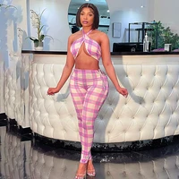 elegant womens tracksuit halter women set plaid sleeveless backless casual two piece sets sexy strapless bodycon matching sets