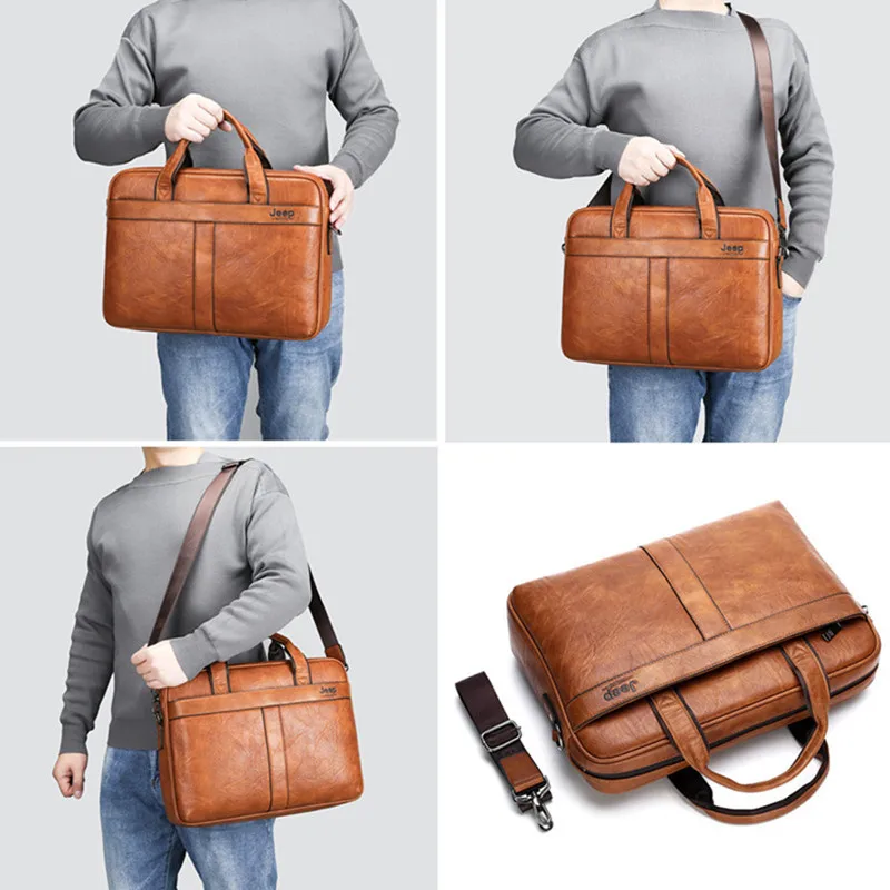 JEEP BULUO Brand Men Business Leather Handbag Large Capacity office Briefcase Bag For Man Travel Shoulder Bags 14inch Laptop New