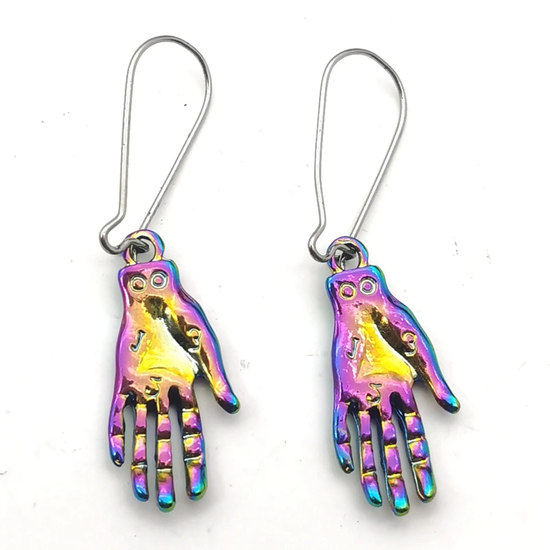

Colorful Electroplated Palmistry Earrings with Palmistry, Vika, Witch, Pagan, Gypsy, Magician, Fortune Teller