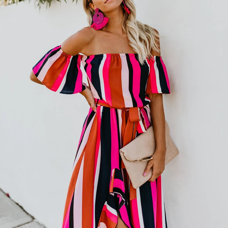 ZOGAA Off Shoulder Ruffle Striped Summer Dress Casual Front Fork Beach Women Maxi Backless Wrap Long Vestidos 2019 | Женская одежда
