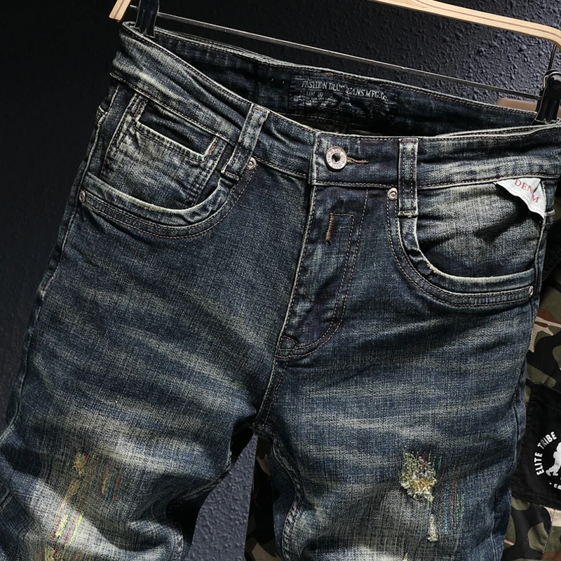 Italian Style Fashion Men Jeans Retro Black Blue Elastic Cotton Slim Fit Ripped Denim Trousers Embroidery Vintage Designer Pants | Мужская