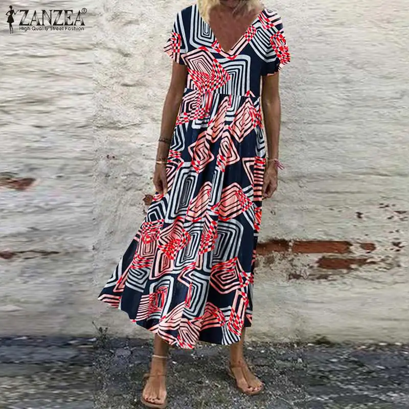 Женский летний сарафан ZANZEA винтажное длинное платье с V-образным вырезом