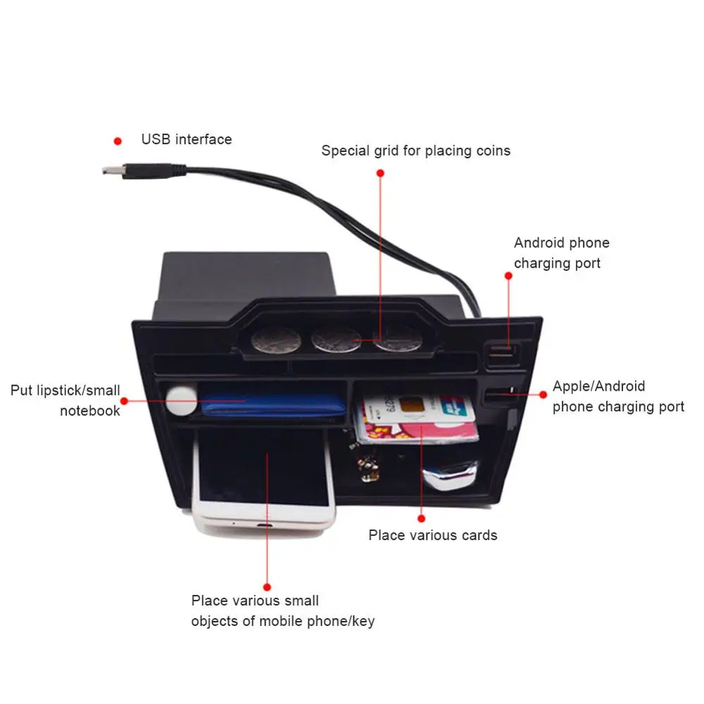

Console Storage Box Coins Trays Cards Organizer with Dual USB Outlet Cable for Honda Civic 2016-2020 Car Accessories Interior