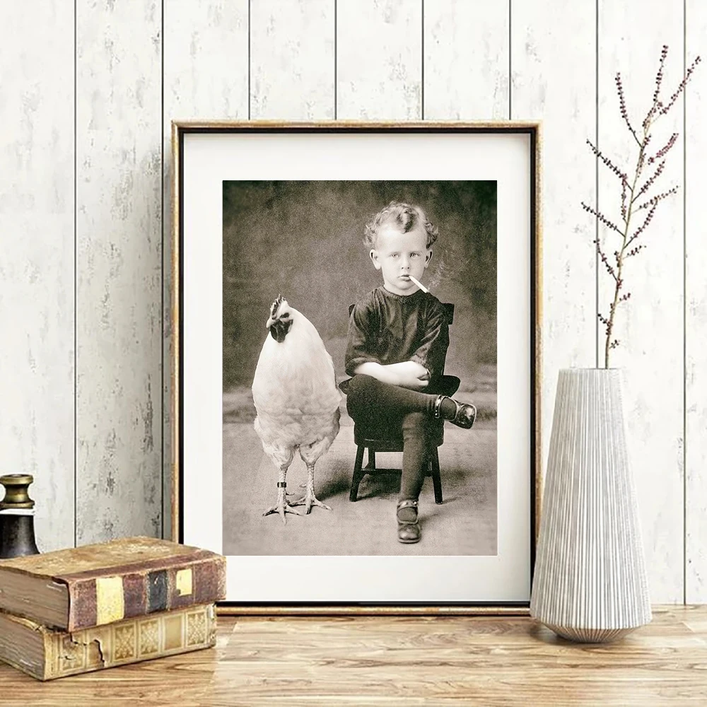 

Weird Vintage Photography Poster Print, Antique Portrait of Smoking Boy and His Pet Chicken, Art Canvas Mural Decoration