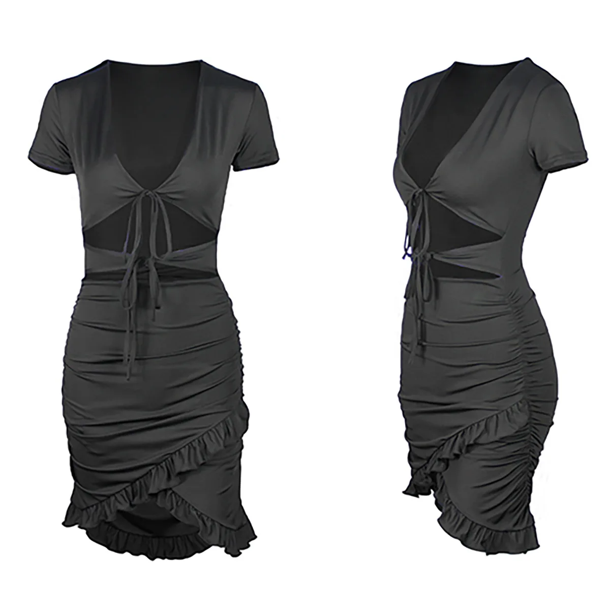 

2021 European and American new women's hollow navel sexy deep V lace ruffled hip ladies dress sexy temperament mini skirt ZY1106