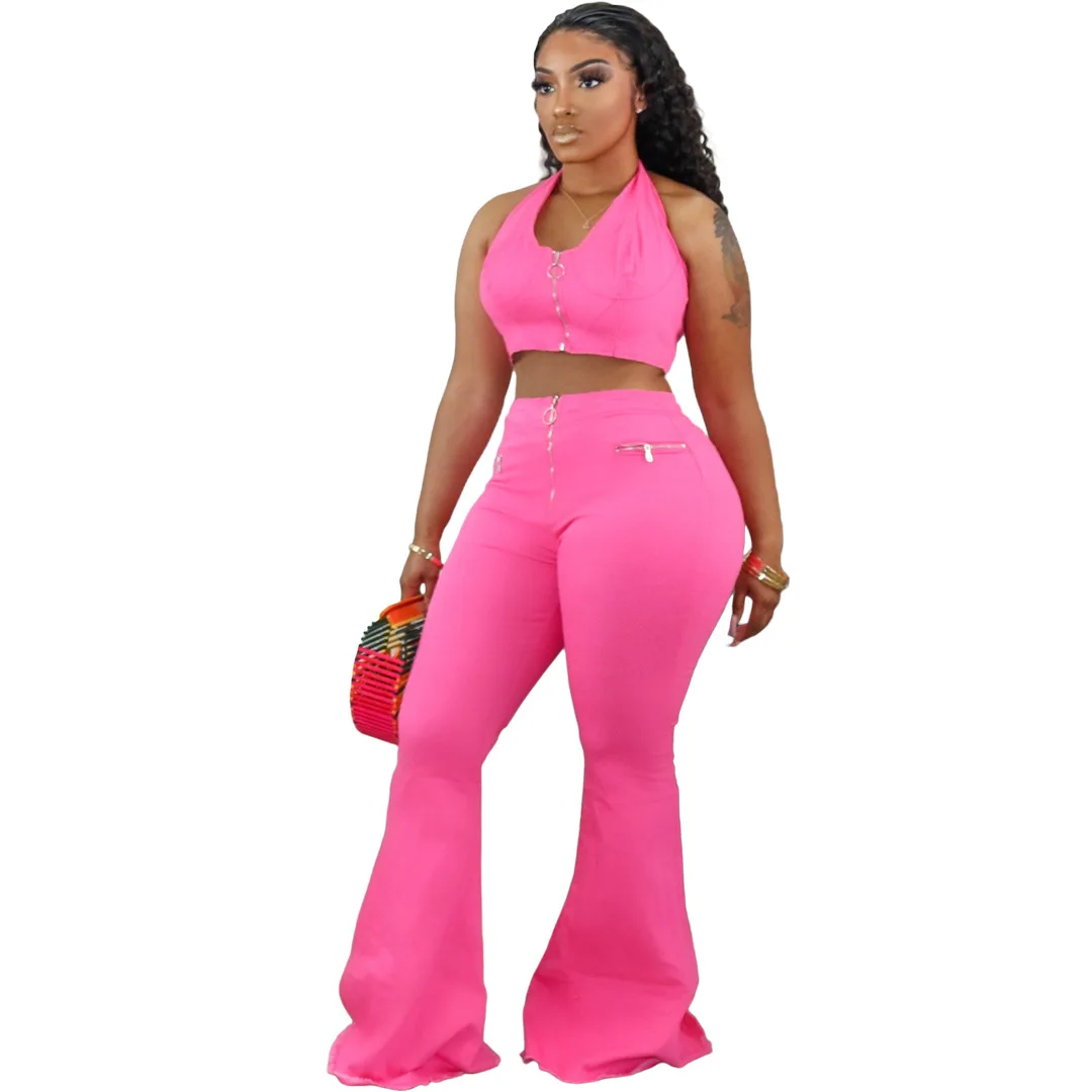 

Zoctuo Solid Two Piece Set Tracksuits Halter Neck Crop Tops and Flare Bellbottom Pants Suit Fitness Outfits Zipper Up Women Set