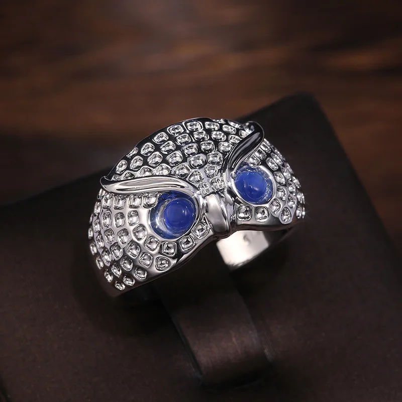

Silver Plated Cute Owl Rings For Women Blue Imitation Opal Eyes Simple Animal Jewelry Personality Party Accessories Girl's Gift
