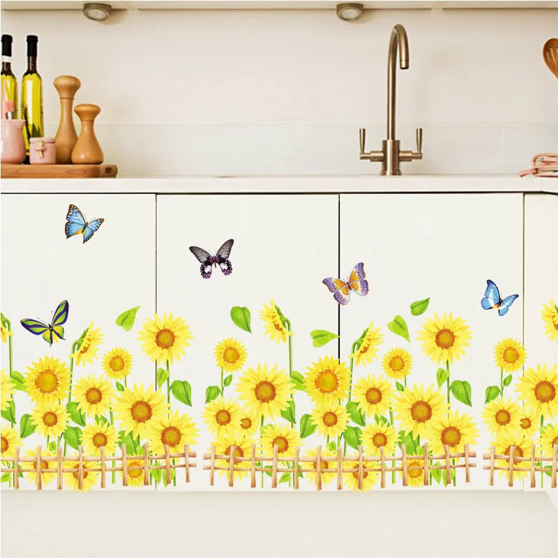 

Sunflower Cabinet Stickers DIY Flowers Butterfly Modern Home Decor Living Room Art Removable PVC Wallpaper Cupboard Wall Decals