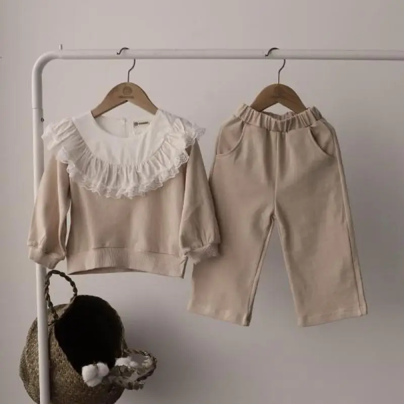 

Children Clothing 2021 Spring New Baby Girls Lace Ruffle Collar Cotton Casual Sweatshirt Set Kids Girls Tops Pants Outfits Suit