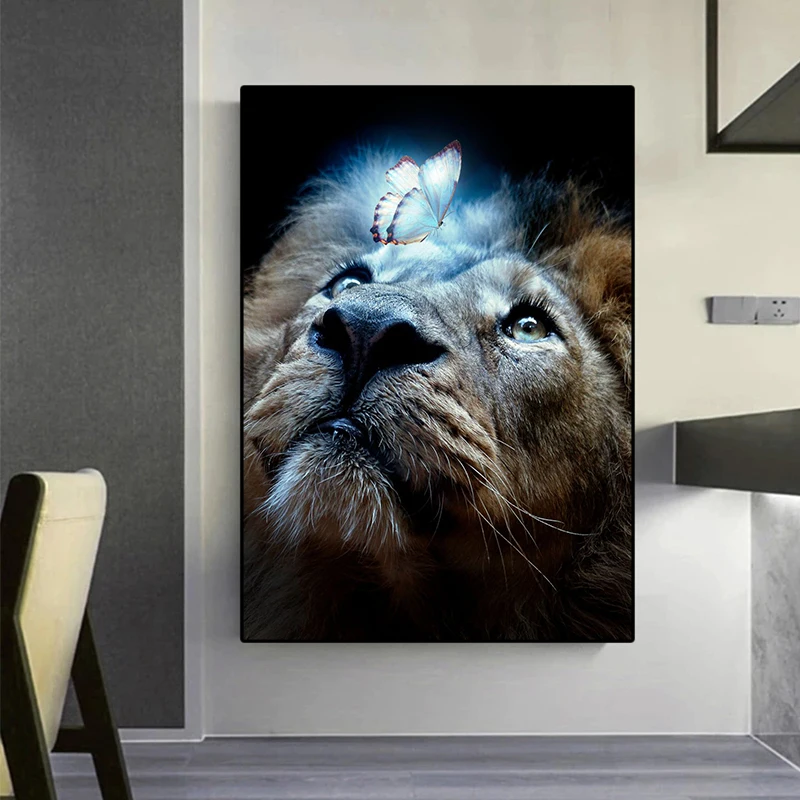 

Animals Wall Pictures Lion Wolf Leopard Cat with Batterfly Nature Canvas Painting Prints Poster Frameless Living Room Home Decor