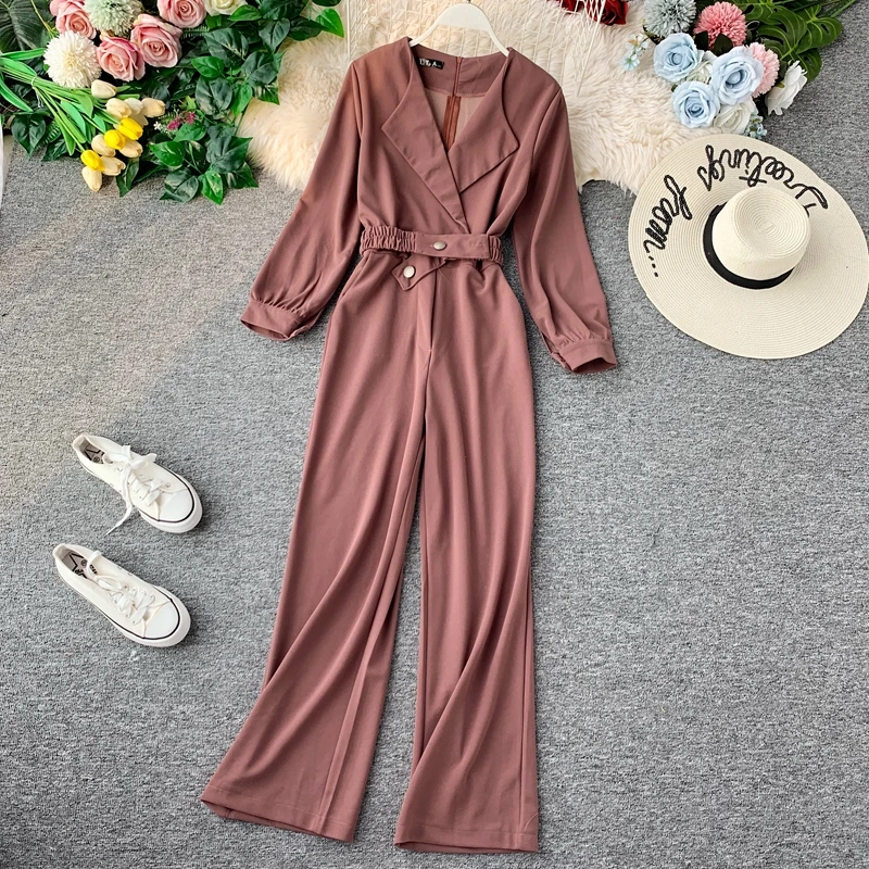 

Autumn New Long Sleeve Overalls Women High Waist Slim Wide Leg Jumpsuit Fashion Solid Color Office Lady Long Rompers Streetwear