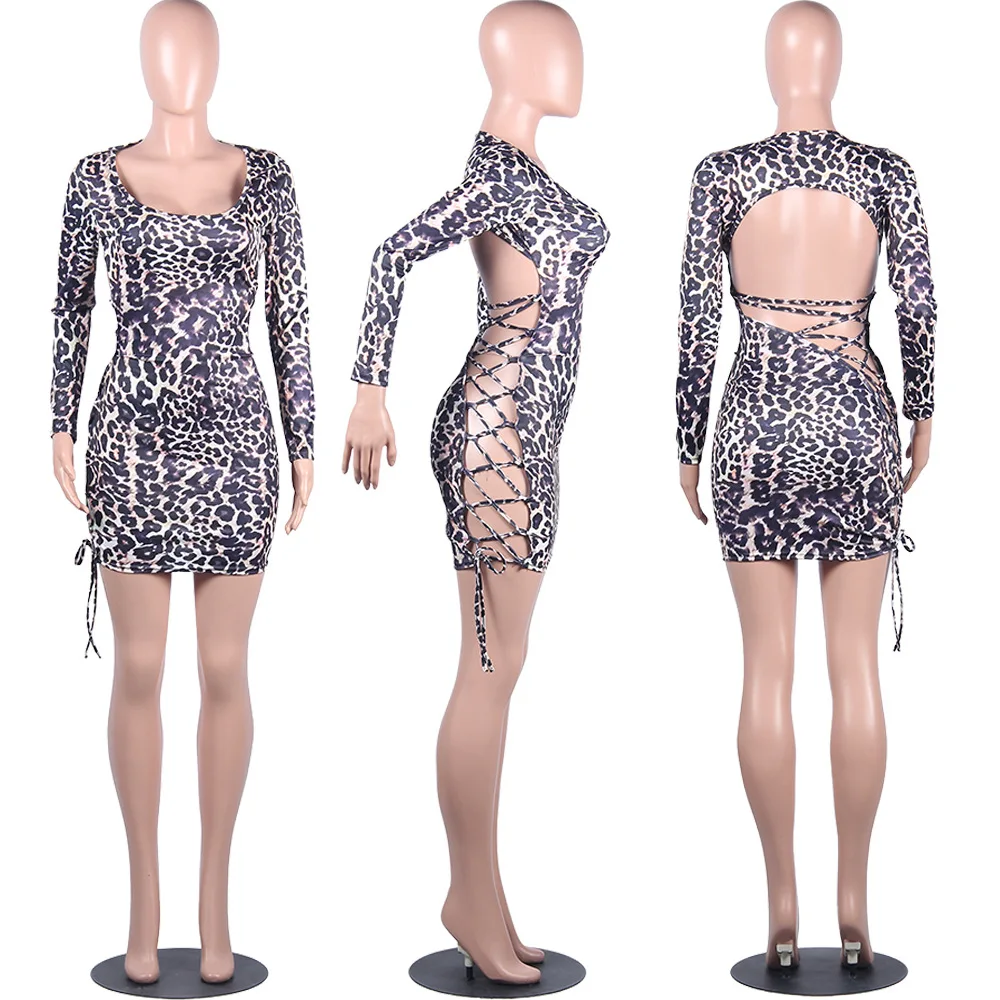 

Women Leopard Print Bodycon Dress Criss-cross Lace Up Cut Out Backless Long Sleeve Mini Dresses Sexy Night Club Party Wrap Robe