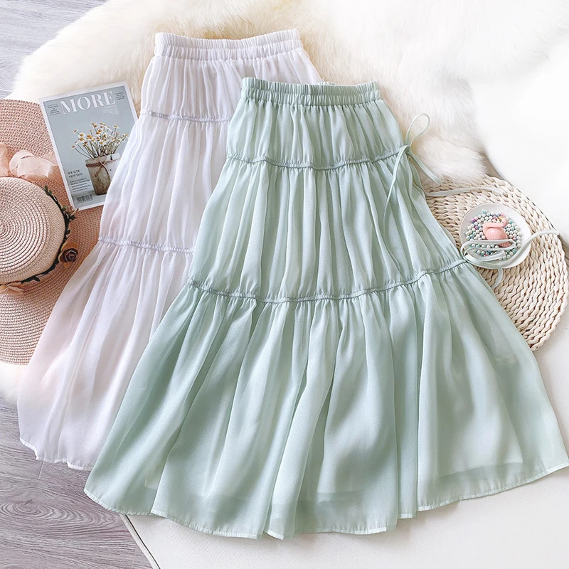 

Wasteheart Summer New Women Fashion White Green High Waist Ruffles Pleated A-Line Mid-Calf Long Skirt Mesh Clothing Ball Gown