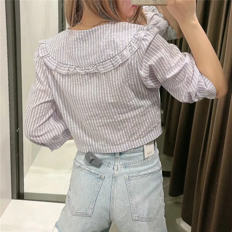 

Za Women Shirt Blue Striped Button Up Shirts Short Sleeve Crop Top Woman Peter Pan Collar Blouses Summer Casual Preppy Shirts