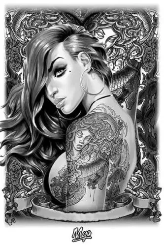 Татуированная девушка PINUP MYA SILK плакат декоративной живописи 24x36 дюймов | Дом и сад