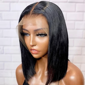 Jet Black Blunt Cut Short Bob Lace Front Wig Synthetic Hair Wigs For Black Women PrePlucked Transparent Lace Wig With Baby Hair Jet Black Blunt Cut Short Bob Lace Front Wig Synthetic Hair Wigs For Black Women PrePlucked Transparent Lace Wig With Baby Hair