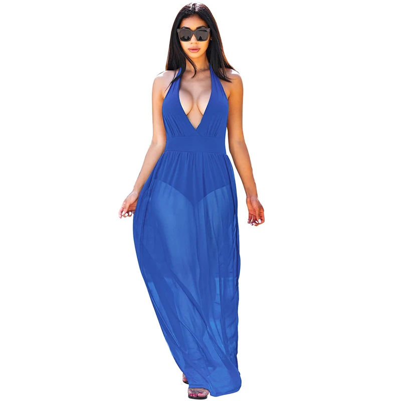 

Summer Boho Women 2021 Sexy Halter Deep V Neck Sleeveless Patchwork Mesh Sundress Elegant Bodycon Backless Party Club Maxi Dress