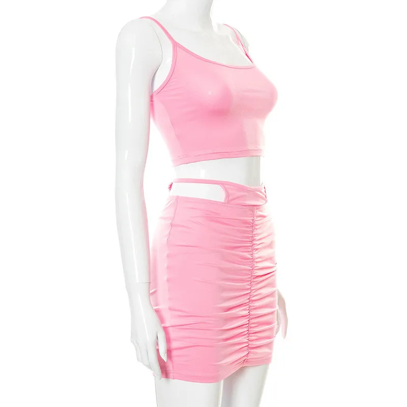 

CNYISHE Summer Crop Tops Cut Out Ruched Mini Skirts Two Piece Sets Sexy Sweet Party Wear Tracksuit 2 Pieces Outfits Female Suits