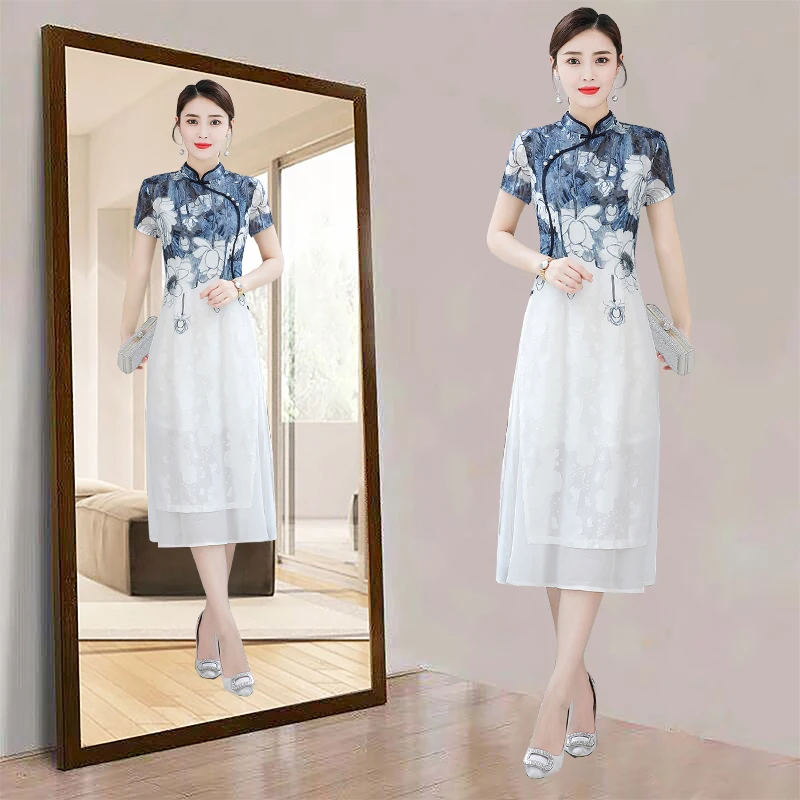 Женское платье в китайском стиле длинное летнее с коротким рукавом улучшенное