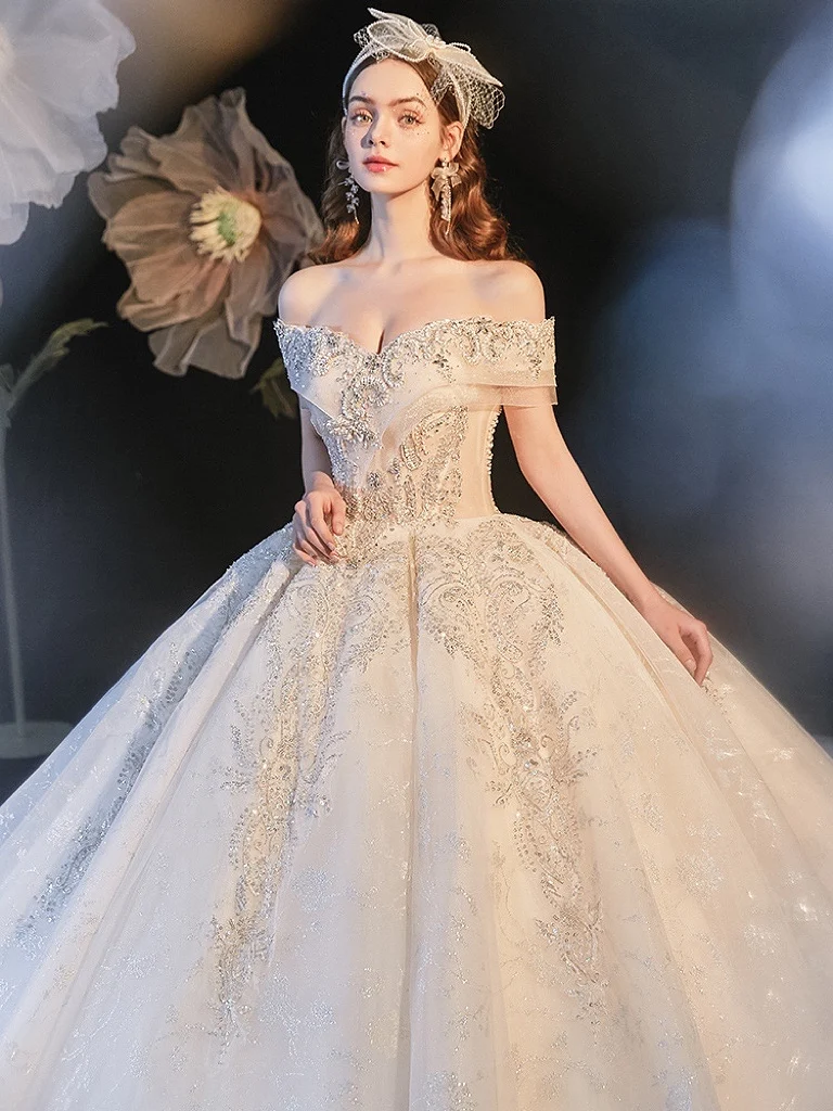 

Elegant Luxury Wedding Dresses Boat Neck Classic Lace Beading Sequins Backless Off The Shoulder Princess Wedding Bridal Gown New