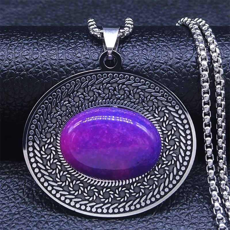 

2023 Bohemia Stainless Steel Purple Natural Stone Flower Necklaces Pendants Women Silver Color Necklace Jewelry joyas N3607S04
