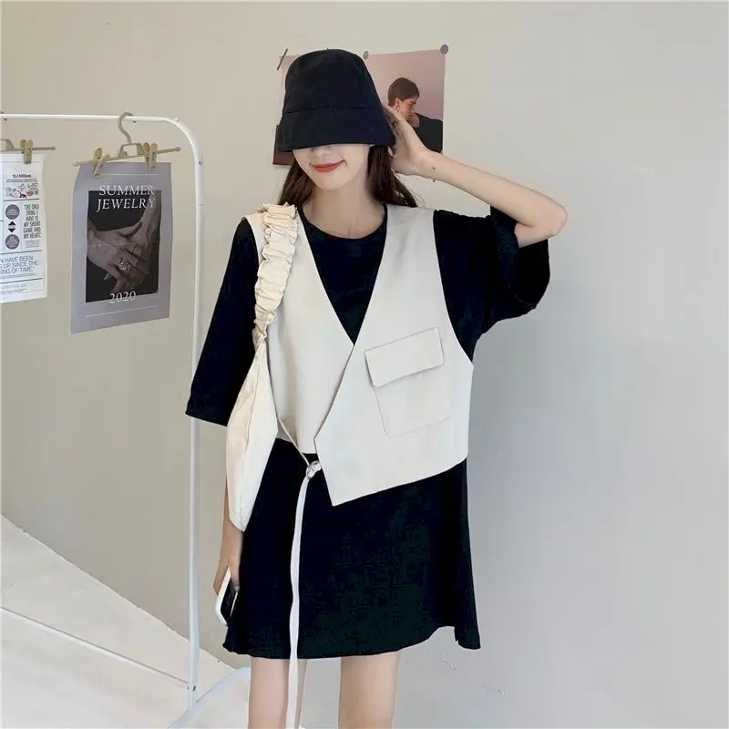 

2021 Summer Two Peice Set Vest Black Skirt Suit Korean New Fashion Irregular Loose V-neck Clothes Two Piece Outfits For Women