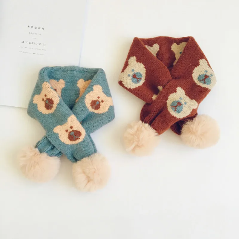 Korean Style New Autumn Winter Children Knitted Scarves Cartoon Printed Baby Kids Warm Pompon Neckerchief Chic Shawl |