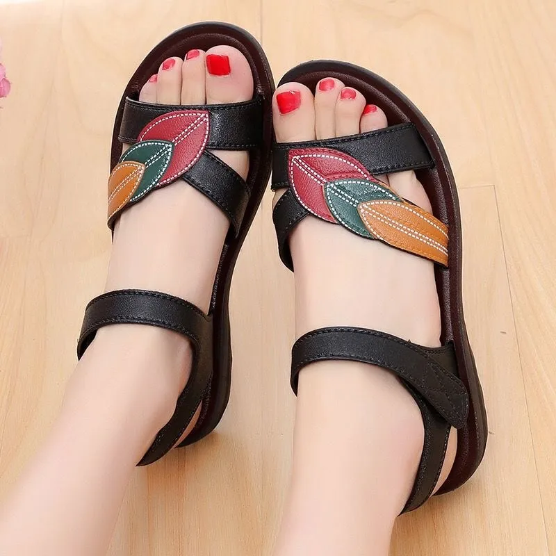 

maogu 2021 New Leather Wedges Shoes Summer Shoes Hook&loop Ladies Beach Soft Sandalen Dames Women Sandal Flat Sandalias Mujer