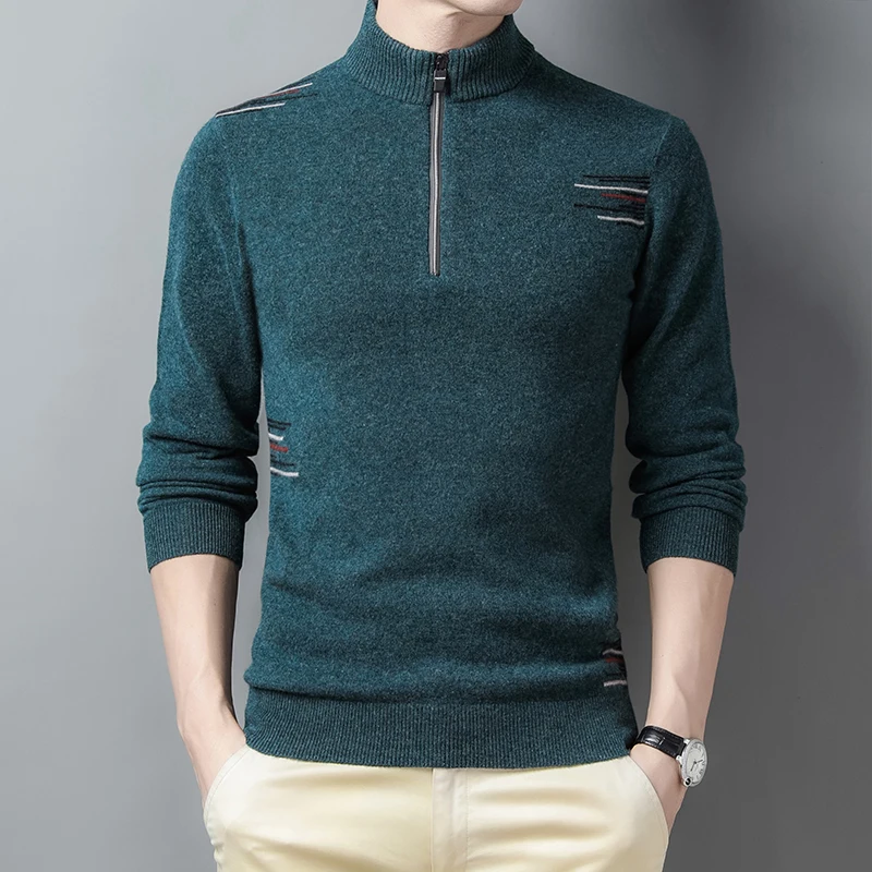Men Real 100% Sheep Wool Jumper Autumn Winter Zipper Cashmere Sweater Male Long Sleeve Pure Wool Warm Knitwear  Pullovers