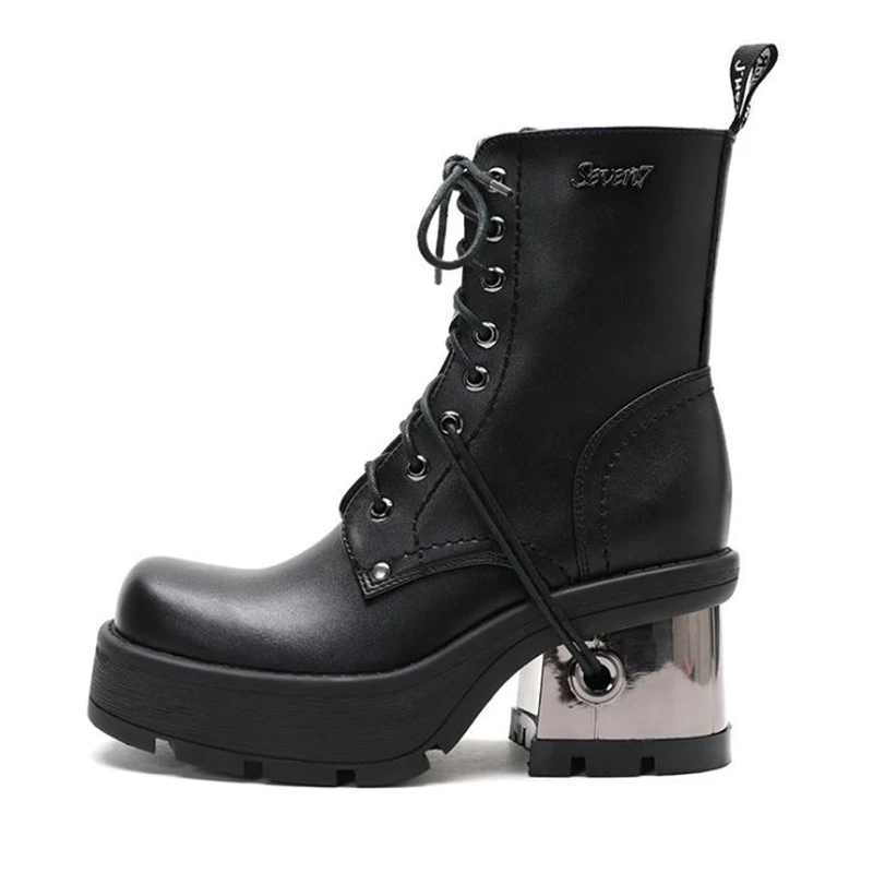

Women Punk Platform Motorcycle Boots Thick Metal Heel Leather Ankle Boots Ladies Vintage Black Lace Up High Heel Boots