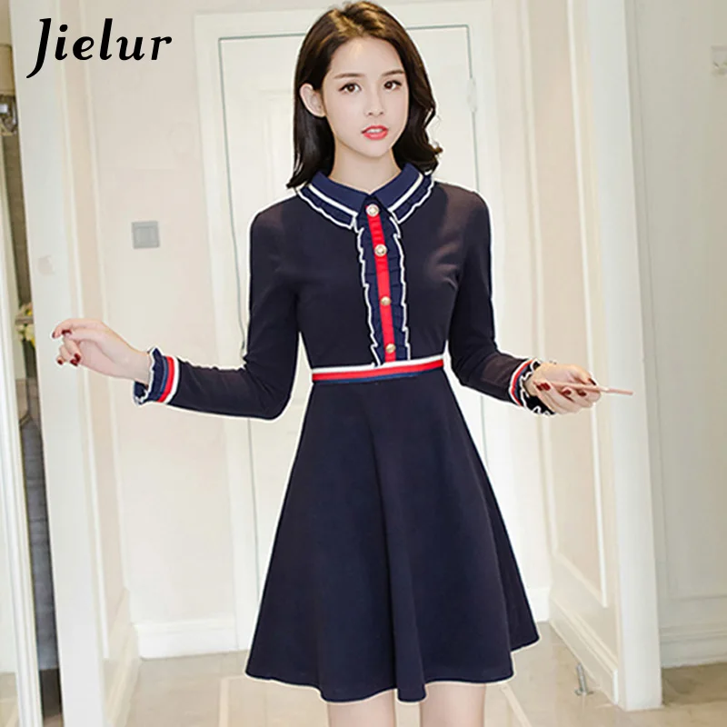Jielur, офисное платье, элегантное, официальное, короткое, с отложным воротником, корейское платье, темно-синее, узкое, в полоску, OL стиль, хит, цвет, Roupas Feminina - Цвет: navy blue