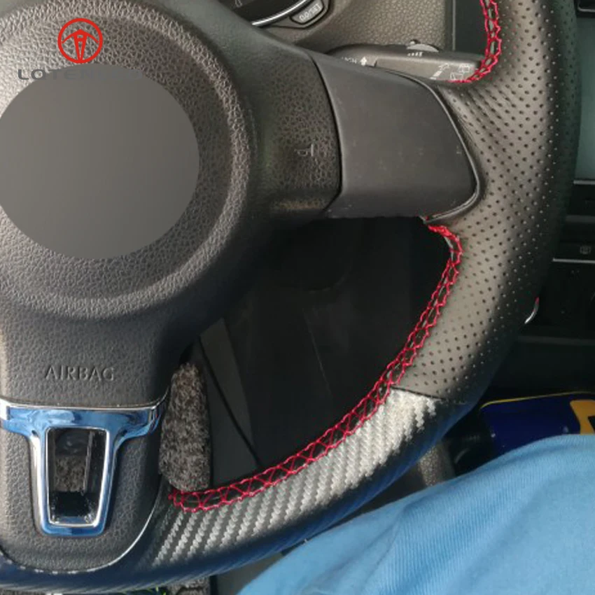 

LQTENLEO Black Leather Carbon Fiber DIY Steering Wheel Cover for Volkswagen vw Golf 6 Mk6 Jetta 6 Polo 2011-2014