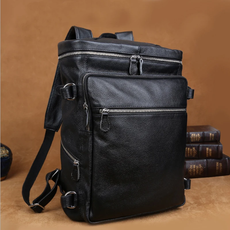 Fashion Mens Leather Backpack Laptop Rucksack 15 Inch Computer Bag For Work Black Travel School Daypack Male