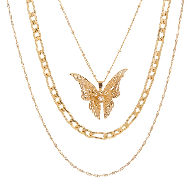 

Minar Hyperbole Hollow Floral Butterfly Pendant Necklace for Women Gold Color Linked Chain Simulation Wing Chokers Necklaces