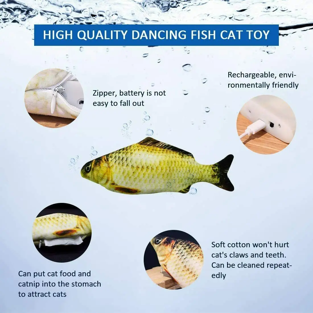 

Electric Moving Cat Kicker Fish Toy, Realistic Flopping Wiggle Interactive Fish