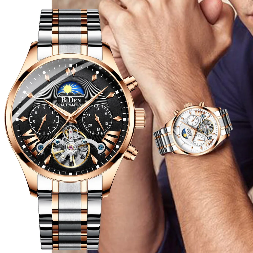 Мужские механические часы BIDEN Tourbillon деловые автоматические из нержавеющей стали