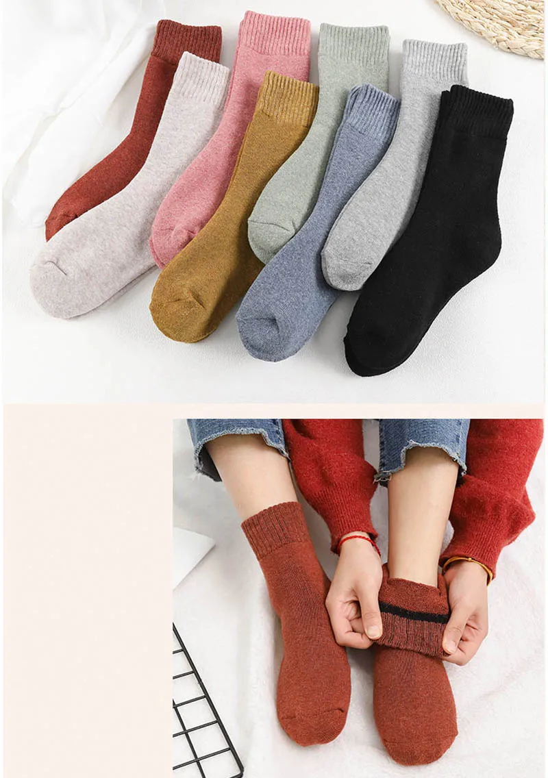 LKWDer 3 Pairs Winter Warm Socks For Women Solid Color Thick Wool Rabbit Hair Socks Snow Against Cold Warm Cotton Sock Sox Meias
