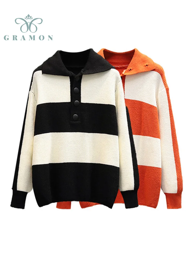 

Sweaters Streetwear Fashion Loose Polo Collar Knitted Pull Femme 2021 Autumn Winter Oversized Long Sleeve Knitted Top For Women
