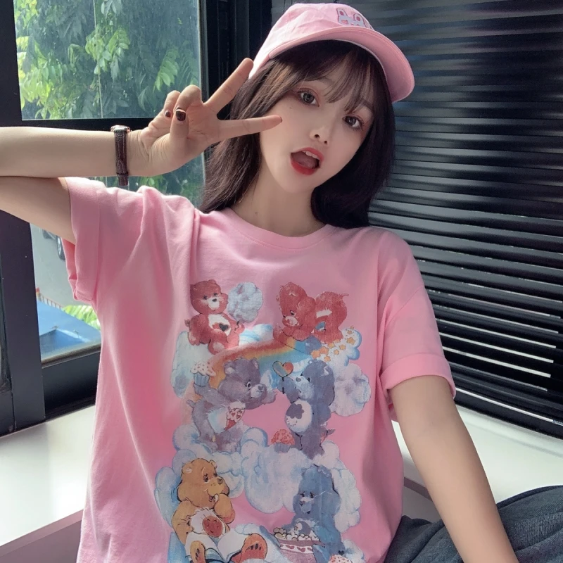 

Summer loose cartoon print short-sleeved T-shirt all-match casual cute college style top T-shirt women