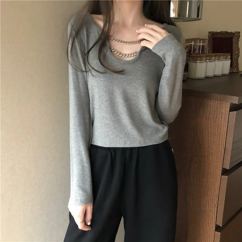 

XZ1535 Design sense cropped top autumn 2021 new solid color t-shirt women