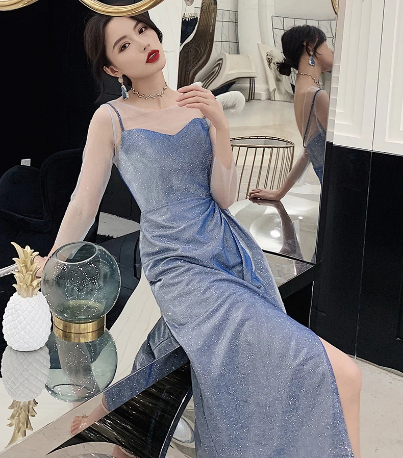 AnXin SH принцесса синее кружево Иллюзия о-образный вырез длинный рукав Сверкающее