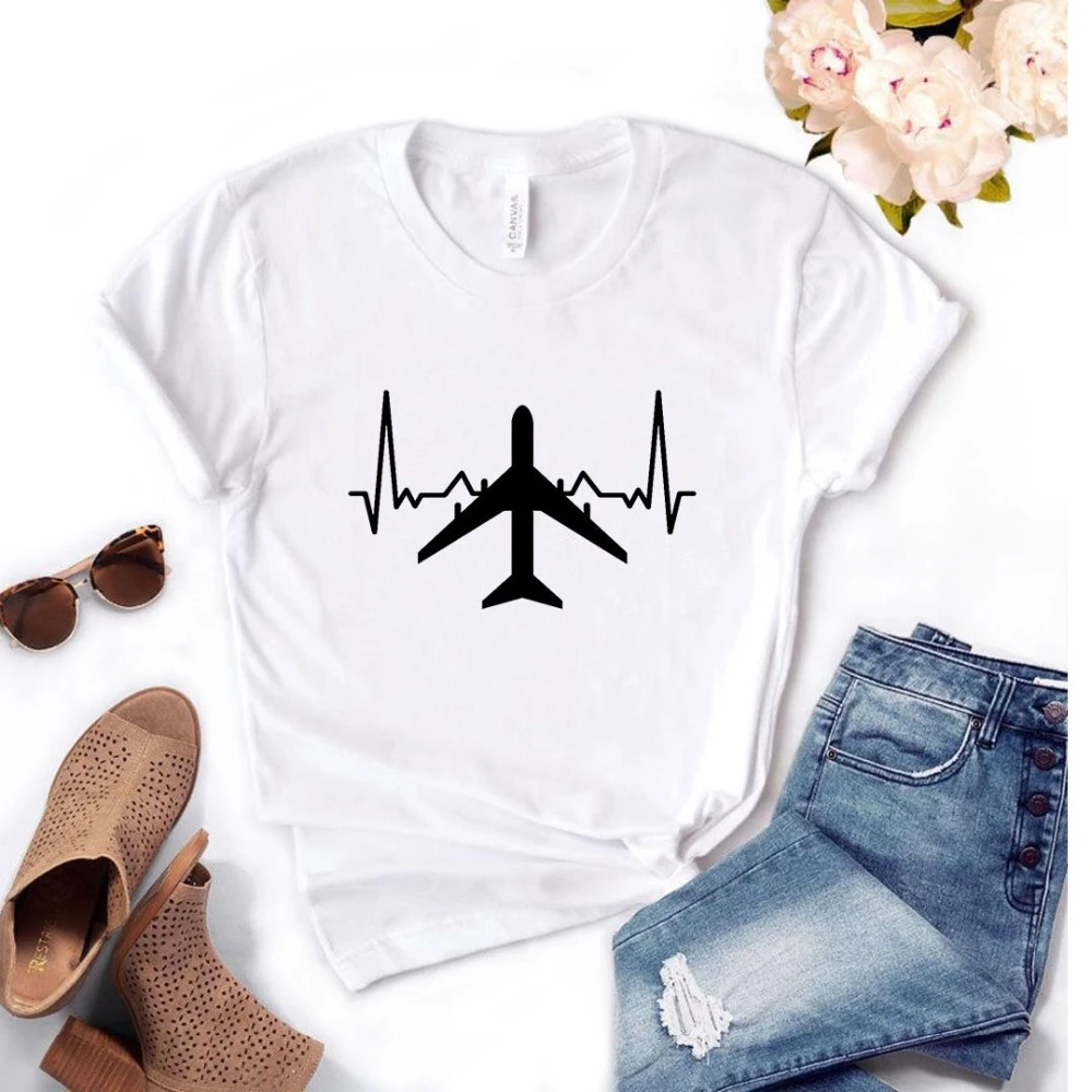 

2020 New fashion spring arrival Plane Heartbeat Print Women tshirt Cotton Casual Funny t shirt Gift Lady Yong Girl Top Tee-L951