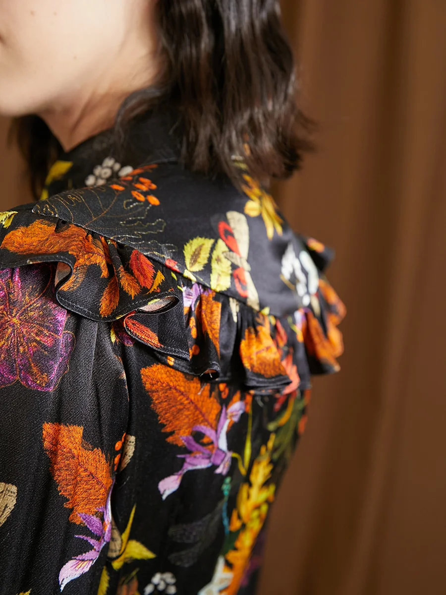 

2021 Spring Women Art Original Design Hand-Painted Fallen Leaves Dragonfly Ruffled Pleated Dress