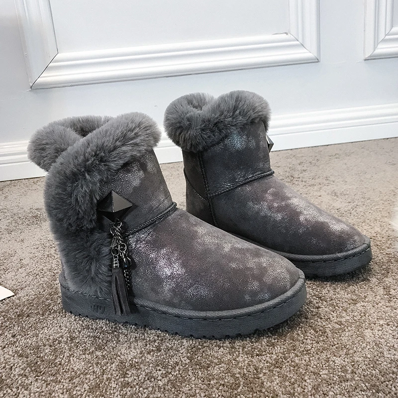 

2021 Winter Warm Women's Snow Boots Fashion Fringed Pull-on Ladies Low Heel Nude Boots Flat Casual Boots Plush Cotton Boots -40