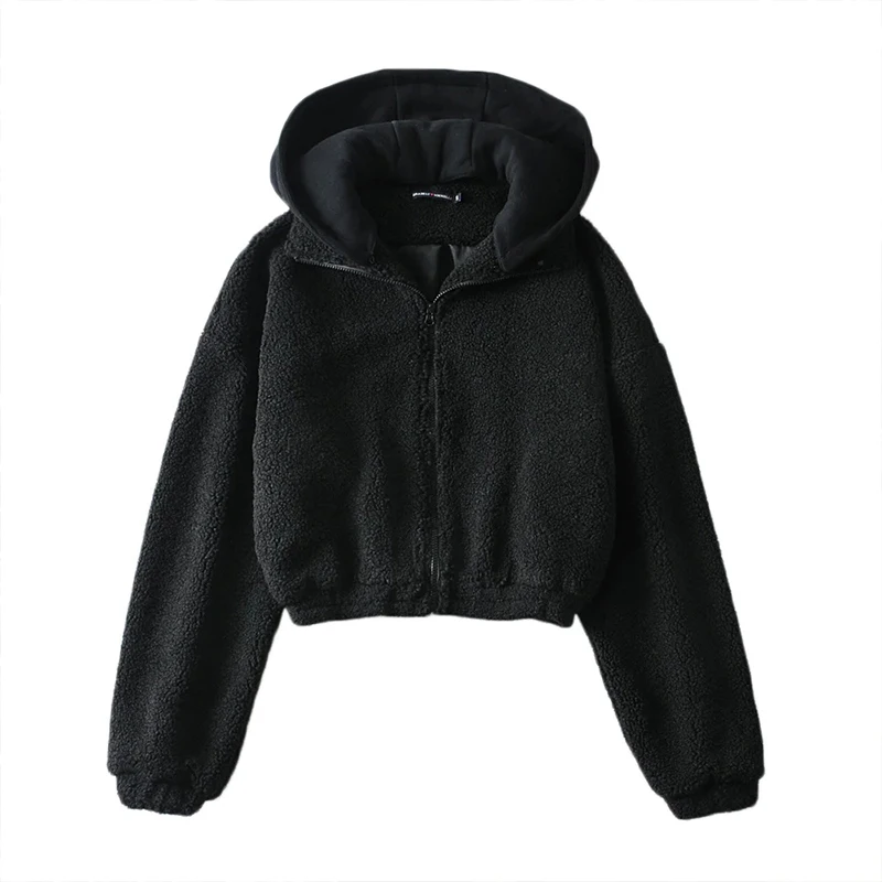 

Winter Women's Hoodies Oversize Coats Mujer Jackets Femme Cropped Outerwear Long Sleeves Crop Tops Zipper Thick Warm Clothing Za
