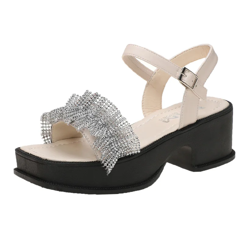 

Open Toe Buckle Strap High Heel Sandal for Women Clear Shoes Suit Female Beige 2021 Summer Peep High-heeled Block Low Clogs Fash