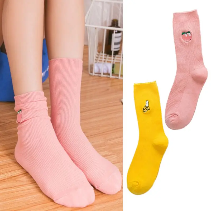 

Womens Harajuku Funny Fruit Crew Socks Candy Color Avocado Embroidery Hosiery X5XD