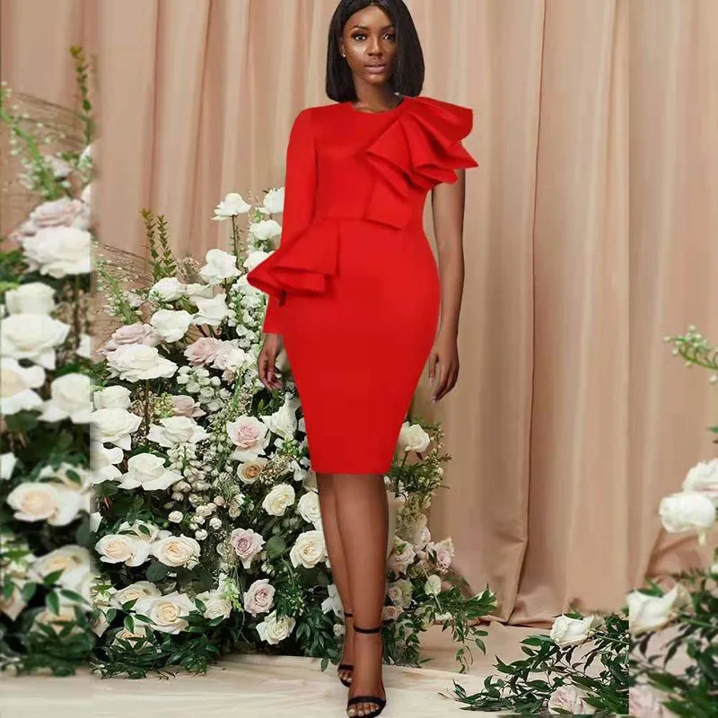 

Женское платье с юбкой годе, красное платье с одним открытым плечом, с оборками