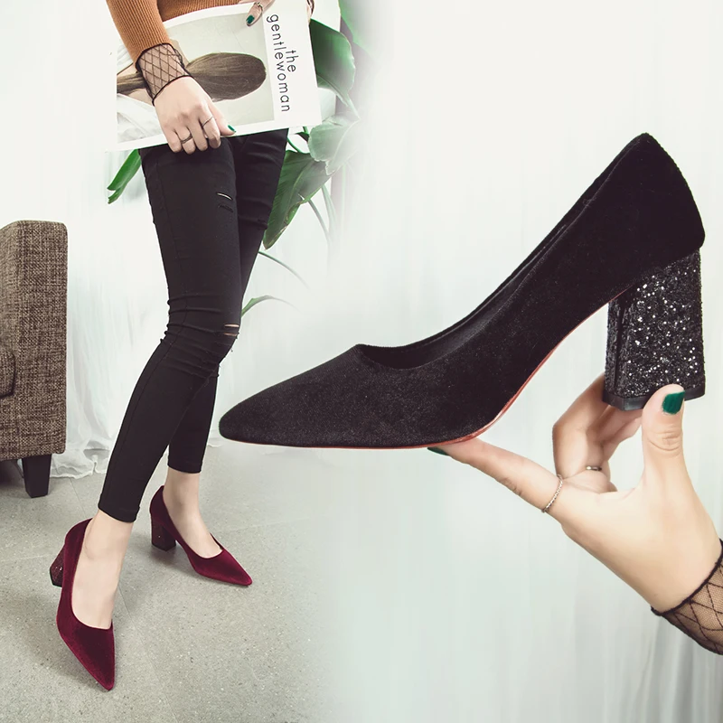 Туфли-лодочки женские на высоком толстом каблуке 7 см пикантные Элегантные