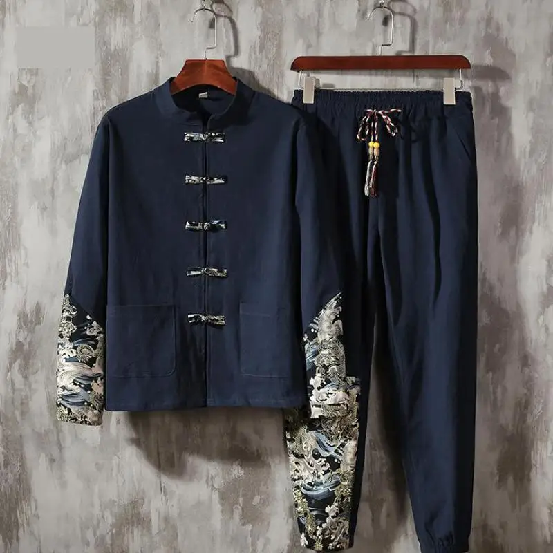 Костюм Тан в китайском ретро стиле хлопковая Льняная мужская одежда 2021 с принтом